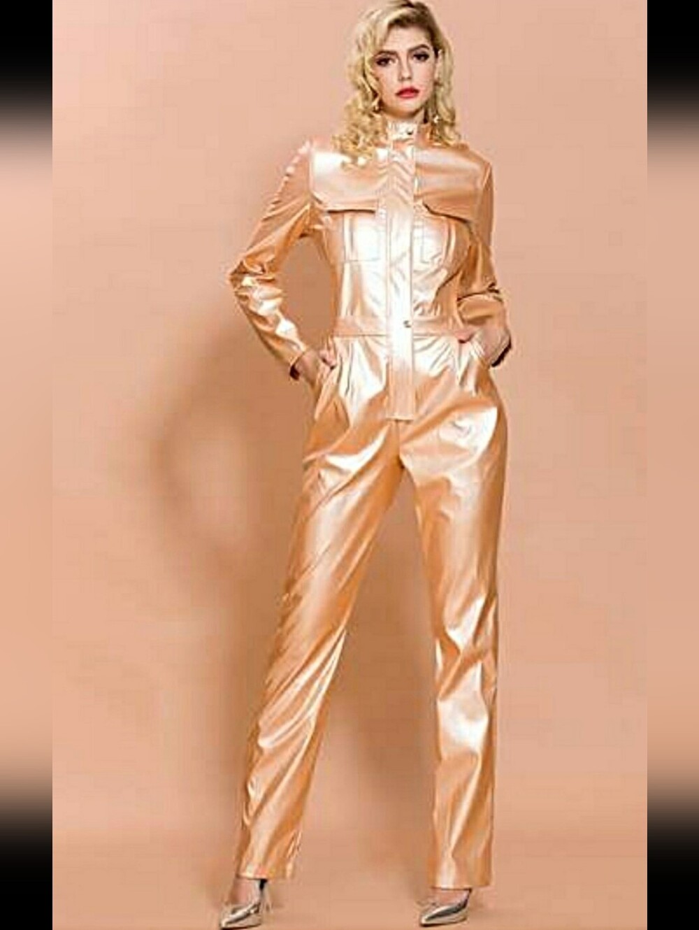 Chic Rosegold High Neck Long Sleeves Latex Jumpsuit. - Picture 2 of 15